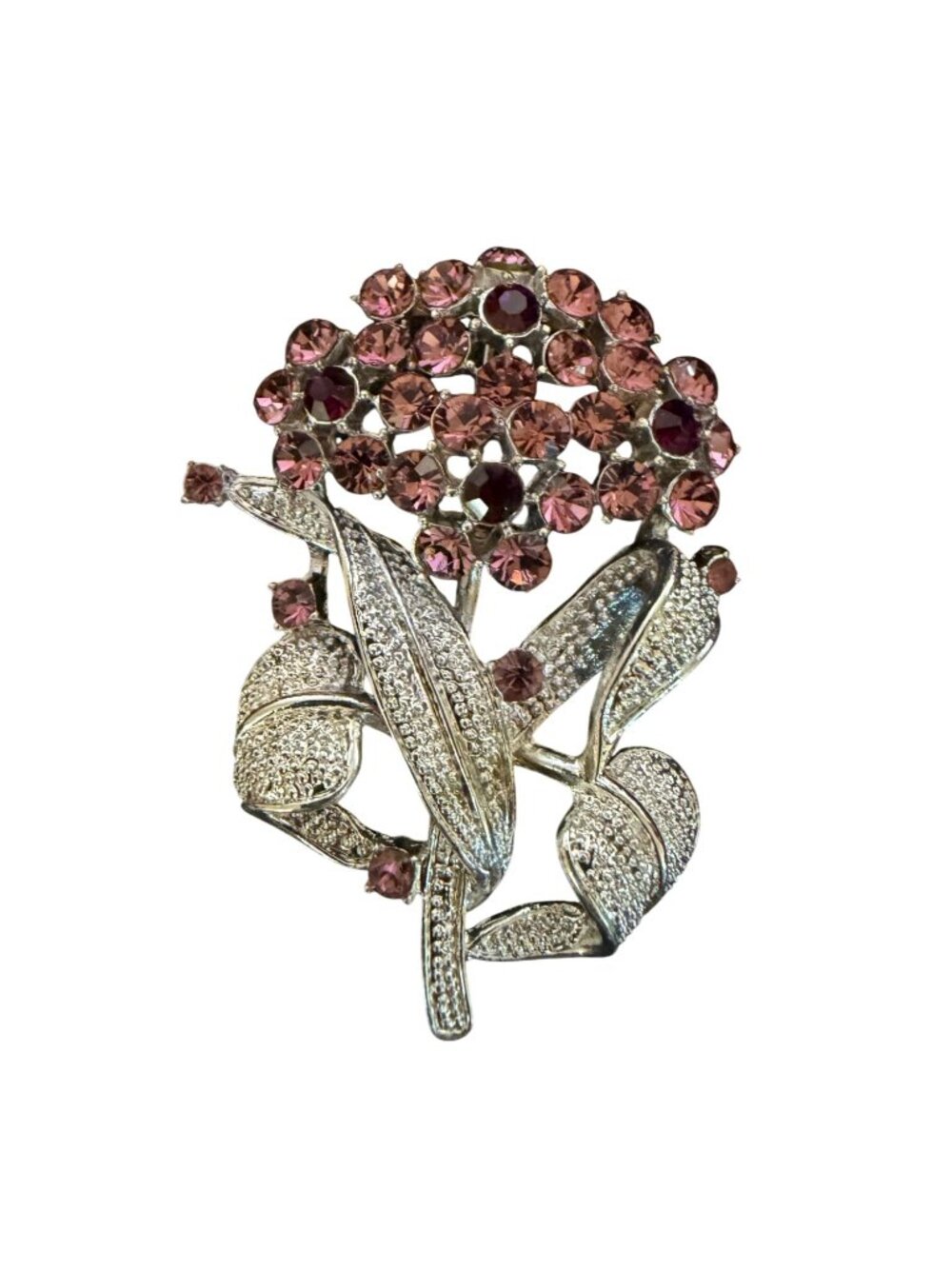 Vintage Silver-Tone Rhinestone Floral Flower Brooch Pin Pink Purple Crystals